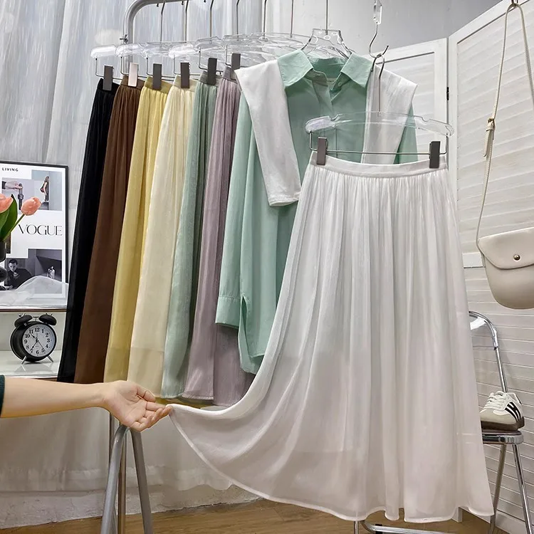 2026 Frühjahr/Sommer Neuer Glänzender A-Linien-Rock für Damen, Einfarbig, Hohe Taille, Französischer Pariser Stil, Eleganter Asymmetrischer Rock – Detail 11