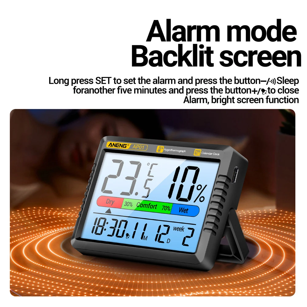 High-Precision AP01 Digital Air Thermometer Hygrometer  Electronic Clock Multiscene High Definition Screen Thermohygrometer