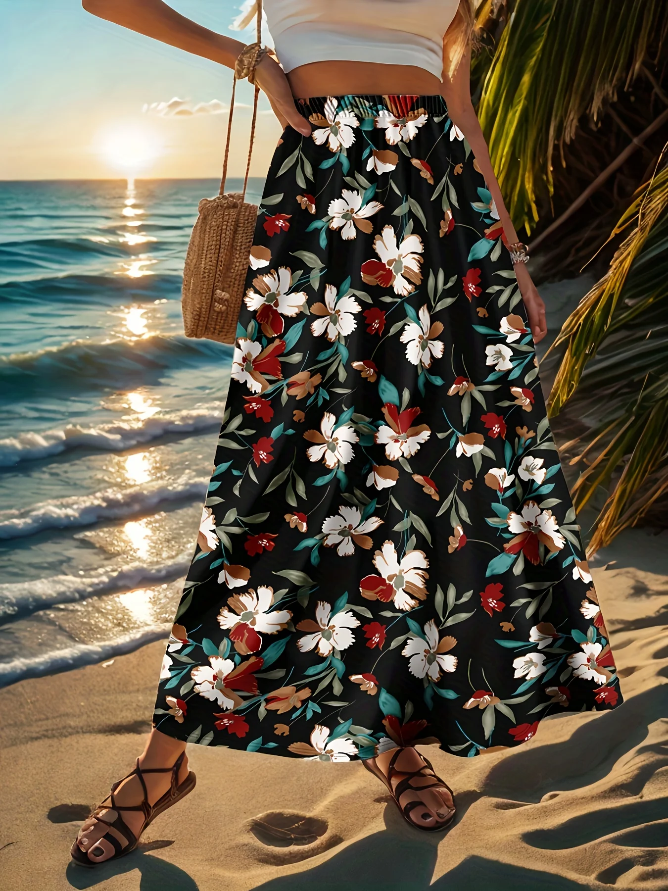 

Зачарованная винтажная многоцветная черная юбка с цветочным принтом и цветочным принтом - базовая эластичная юбка трапециевидной формы с высокой талией