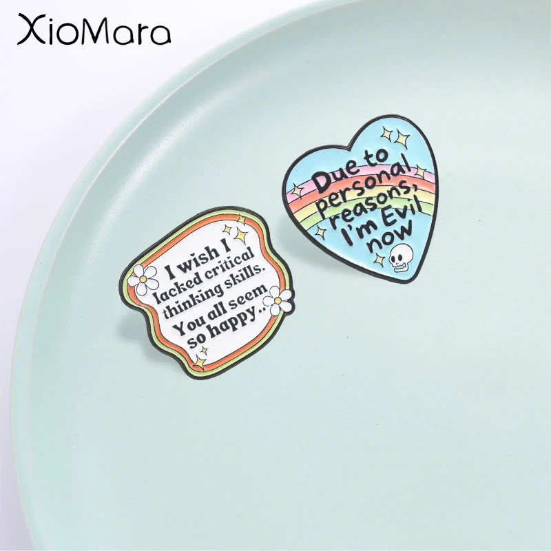 Funny Sarcastic Quote Enamel Pin, Rainbow Heart Skull, Humor Text Badge, Fashion Clothes Backpacks Accessory, Gift for Friends