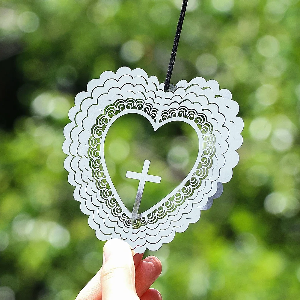 3D Heart Cross Wind Spinner Whirligigs Wind Chimes Hanging Christian Prayer Gifts Garden Decor Mirror Reflective Bird Scare