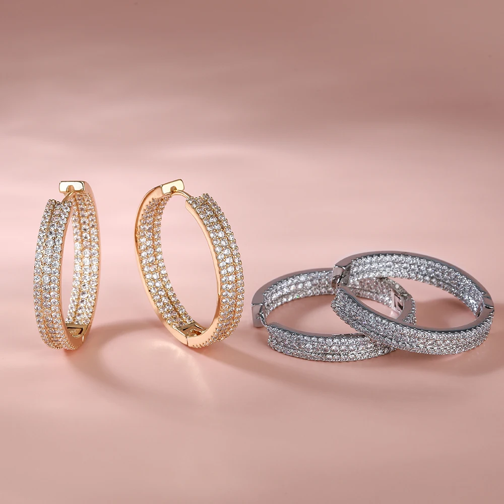 Multiple rows of shiny inlaid zircon hoop earrings plated in 18K gold Fashion jewelry plated in silver exquisite jewelry