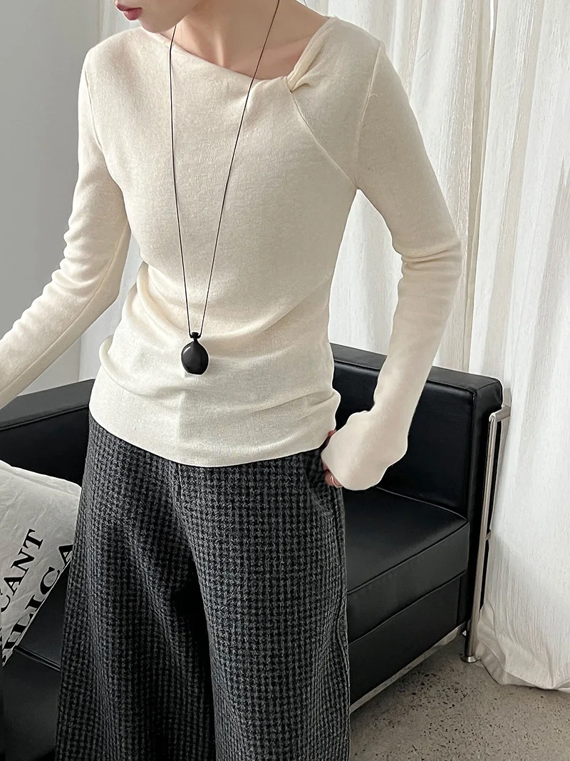 UMI MAO الكورية نمط الصوف الأعلى غير النظامية تويست تصميم فريد المتخصصة محبوك سترة الخريف جديد كم طويل بلايز فام