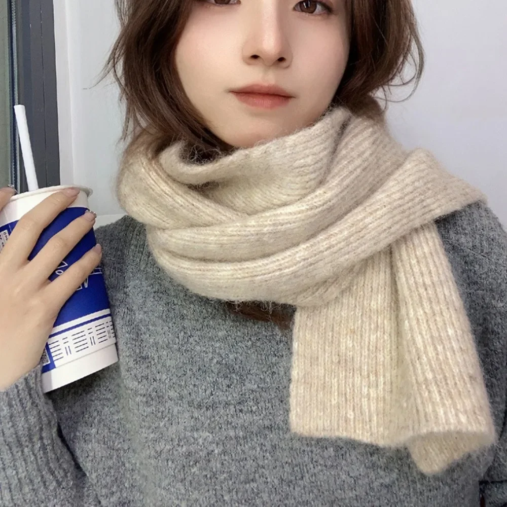 Pure Color Knitted Woolen Scarf Women Winter Scarf Korean Version of Advanced Sense Scarf Christmas Gifts Thicken Warm Neck Ring