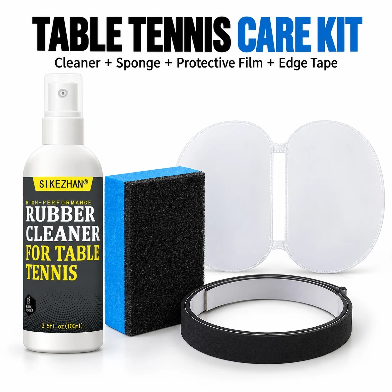 100ml Table Tennis Rubber Cleaner Kit, Dual-Sided Sponge, Connected Double Protective Film, Edge Tape, Ping Pong Racket Care Set