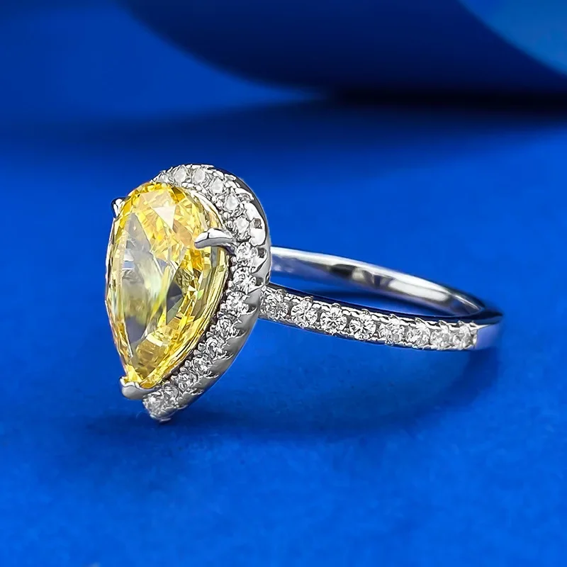 PANSYSEN Bohemia Solid 925 Sterling Silver 7*11MM Pear Cut Citrine High Carbon Diamond Ring for Women Wedding Party Fine Jewelry