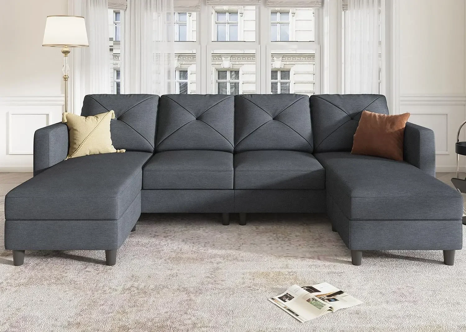 

Convertible Sectional Sofa U Shaped Couch 4 Seat Sofa with Double Chaises for Living Room, Bluish Grey