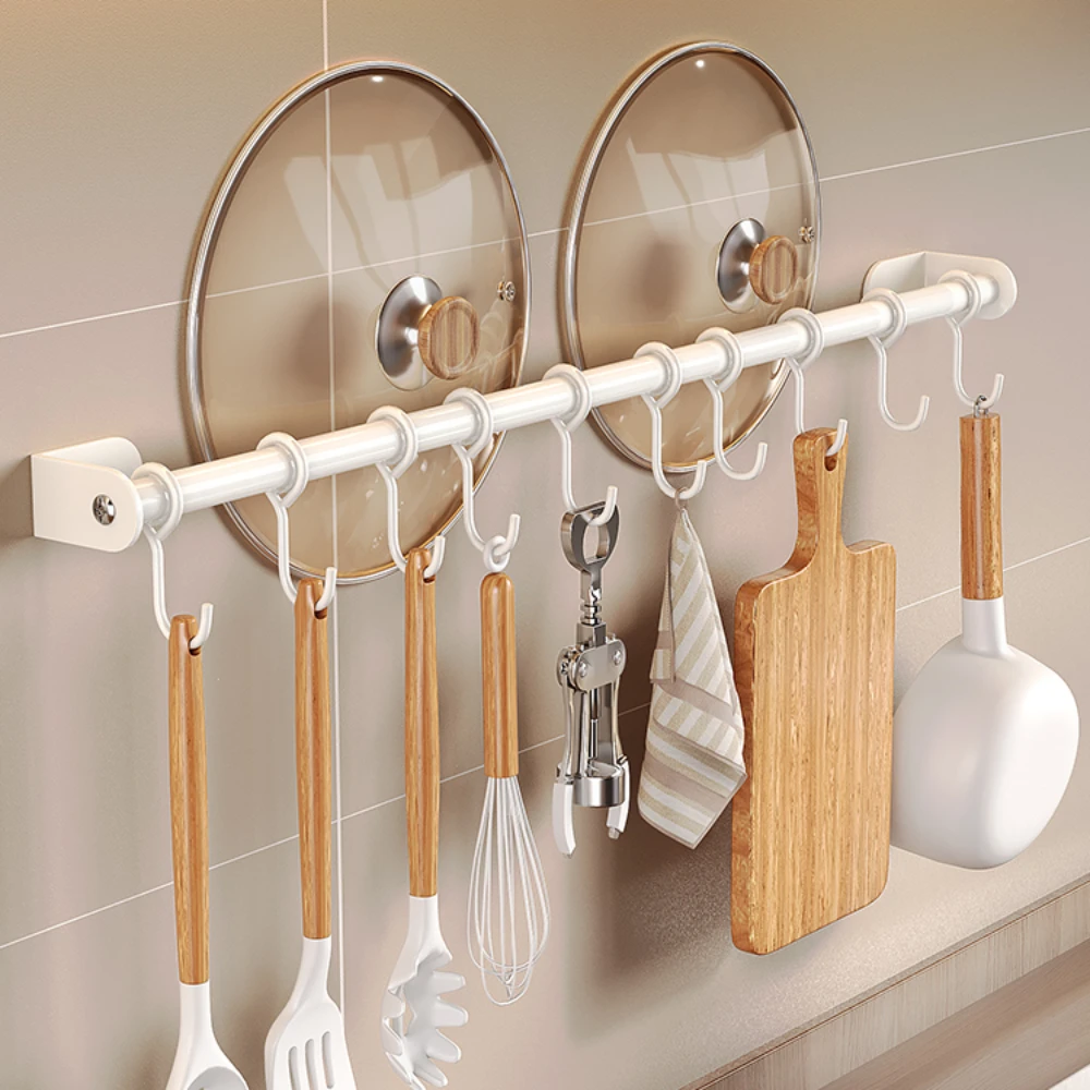 Kitchen Utensil Rack Pots and Pans Hanging Rack, Wall Mounted Stainless Steel Lid Cooking Utensil Hanger Sliding Hooks for Spoon