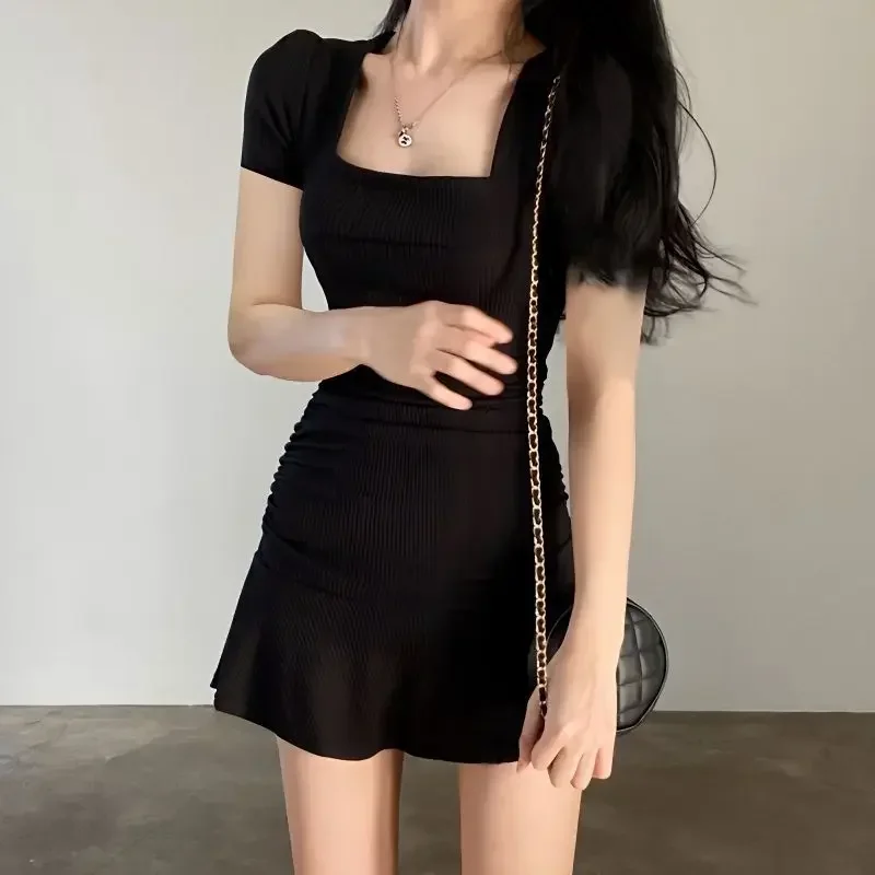 

Ruched Black Dress Women Square Collar Short Sleeve Slim Mini Dress Summer Korean Fashion Folds Ruffles Bodycon Sundress