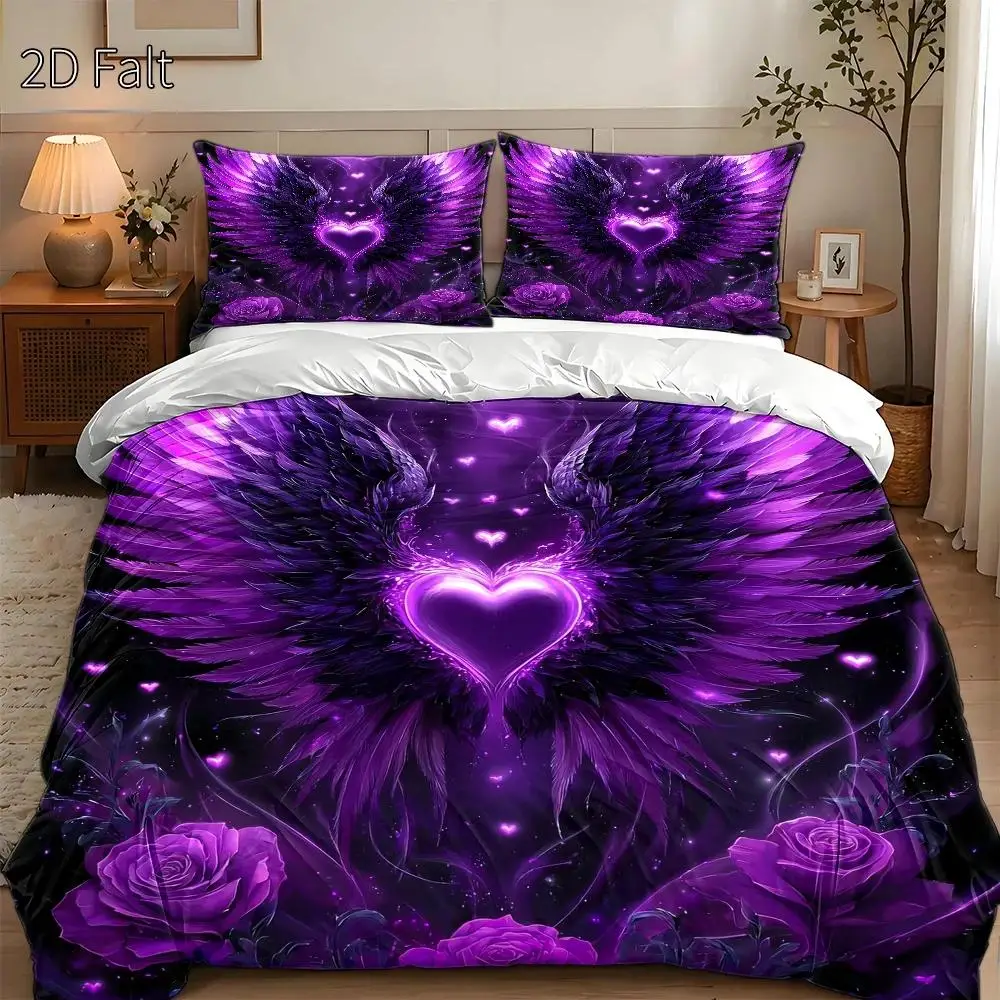 3-Piece Quilt Cover Set, 1 Quilt Cover + 2 Pillowcases (Without Filling) 2D Flat Printing, Three-Piece Quilt Cover Set, Purple Winged Heart Theme, Surreal Style, Valentine's Day, Suitable for All Seasons, Machine Washable, Invisible Zipper, Large Quilt Cover Set, Bedding Set, Skin-Friendly, Breathable, Soft and Comfortable, Does Not Fade or Pill, Suitable for Home/Dormitory/Master Bedroom/Guest Room