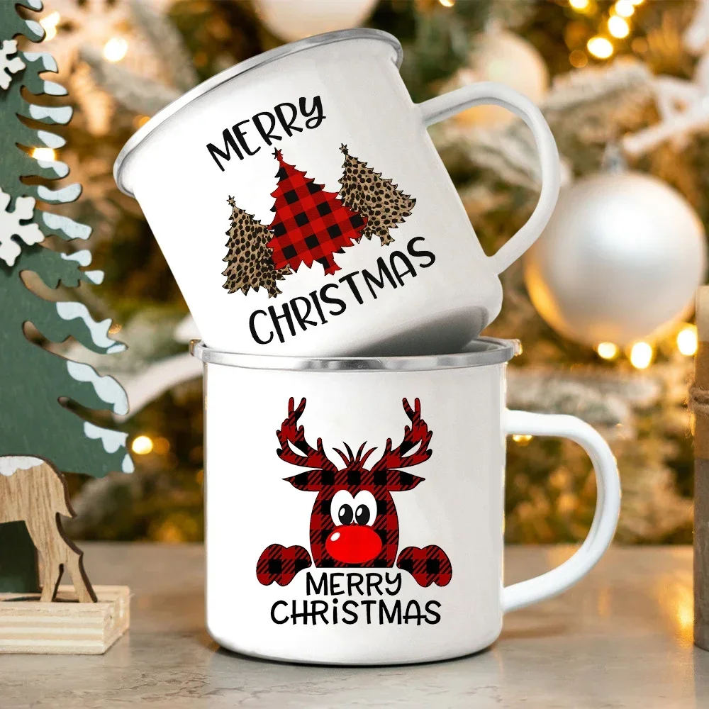 Tazas de café con estampado de ciervo de árbol de Navidad, tazas de café esmaltadas, decoración de fiesta de Navidad, taza de mesa de postre, taza con asa de Chocolate de cacao, regalos de navidad