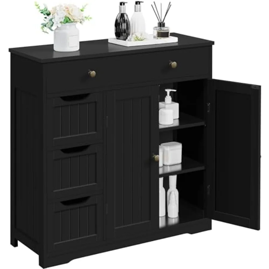 Storage Cabinet with 4 Drawers and 2 Doors Adjustable Shelves for Kitchen Dining Room Living Room Entryway Black