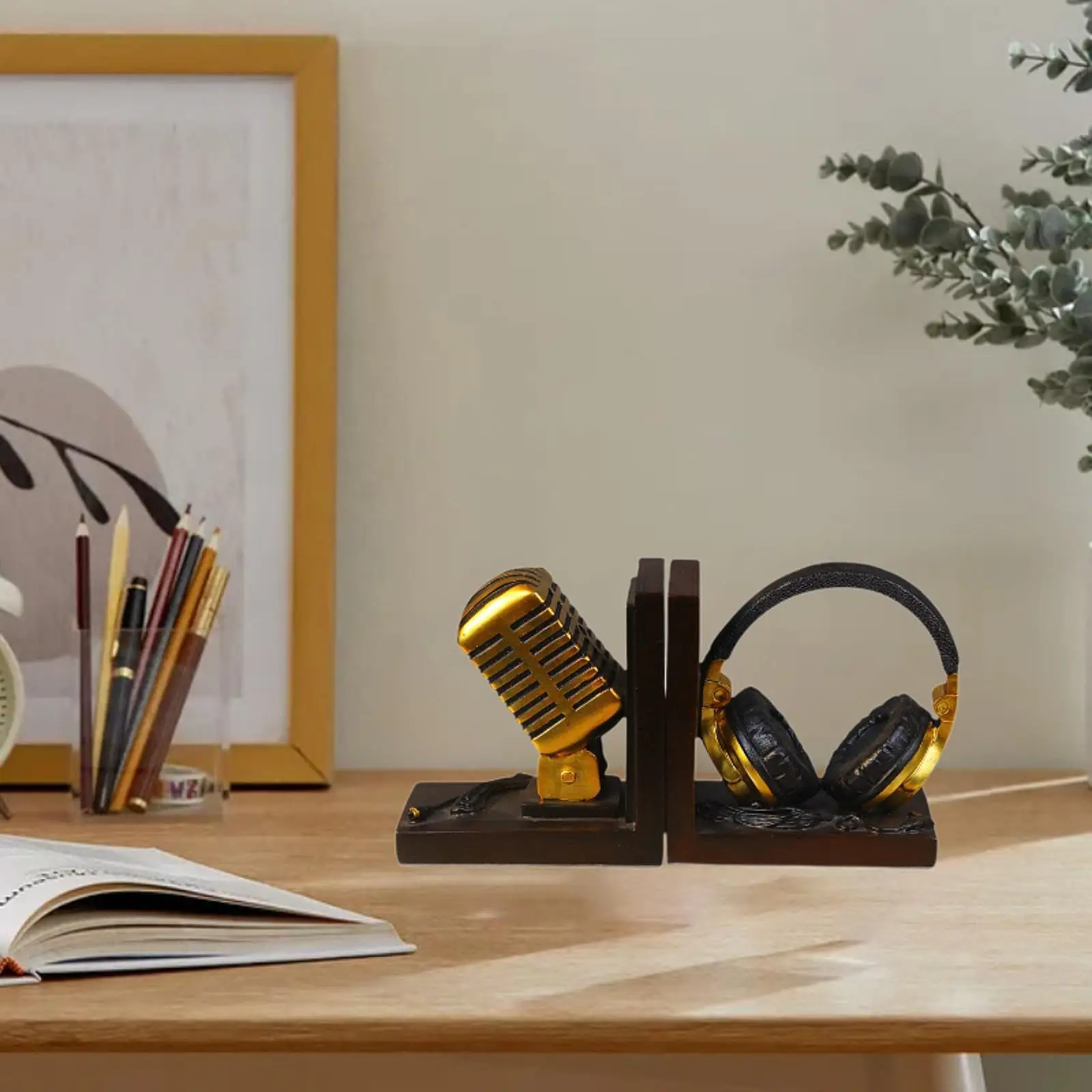 Bookends Book Holder for Desk,Resin,Vintage,Tabletop Unique Microphone Headphones Shape Book Stopper for Shelf Home Cafe Desk