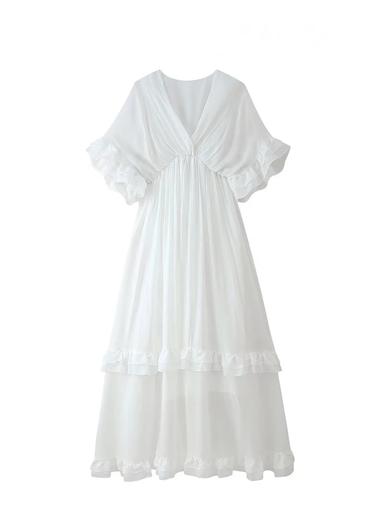 เดรสยาวทรงเอวเข้ารูป แขนสั้น คอวี ผ้าเรียบ สไตล์ลำลอง แต่งระบายชายกระโปรง จับจีบ เซ็กซี่ สำหรับผู้หญิง แฟชั่นฤดูร้อน HH