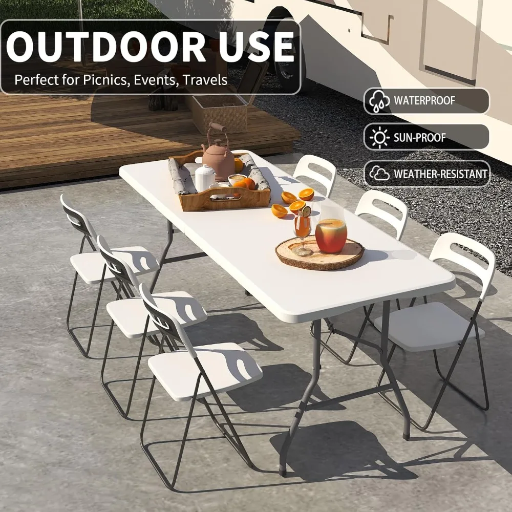Folding Table 6FT, No Assembly Required Outdoor Picnic Table Thickened HDPE Panel, Office Foldable Table with