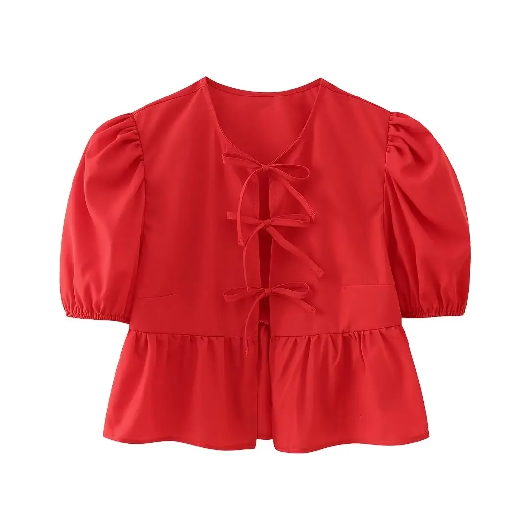 Zevity Women Sweet Pleats Puff Sleeve Bow Tied Lace Up Tierred Smock Blouse Office Lady Shirt Chic Chemise Blusas Tops LS5929