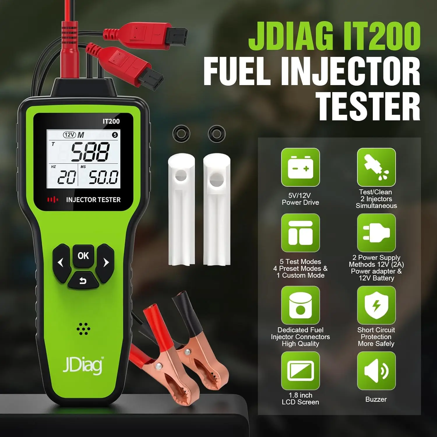 

Fuel Injector Tester Cleaner 12V/5V-4 Preset&1 Custom Mode, Test 2 Injectors Simultaneously, DIY Cleaning Tool with Connectors