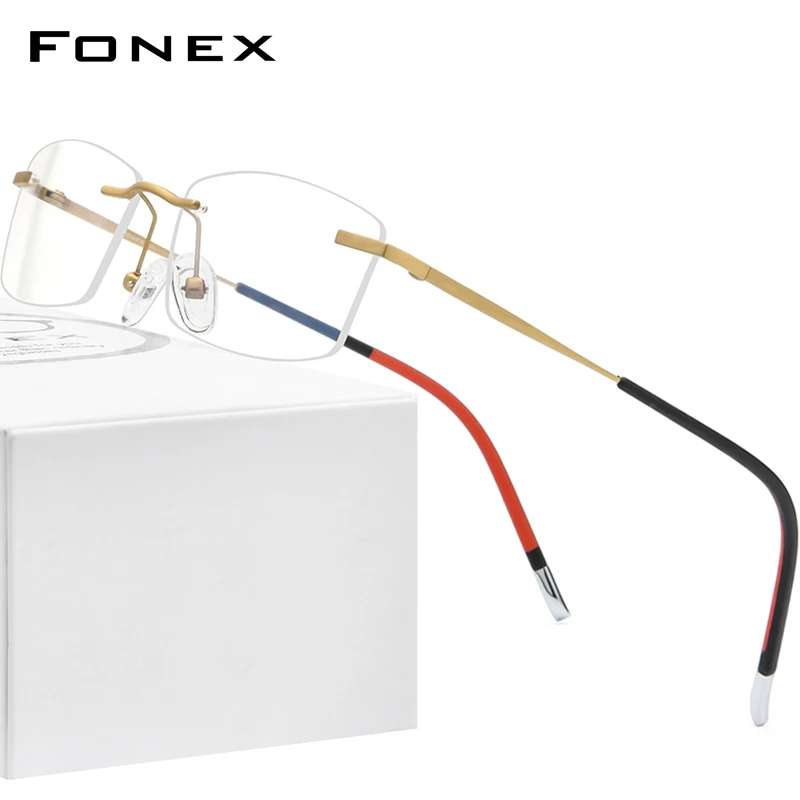 

FONEX Rimless Titanium Eyeglasses Frame Men 2021 New Square Glasses Women Eyewear 9608