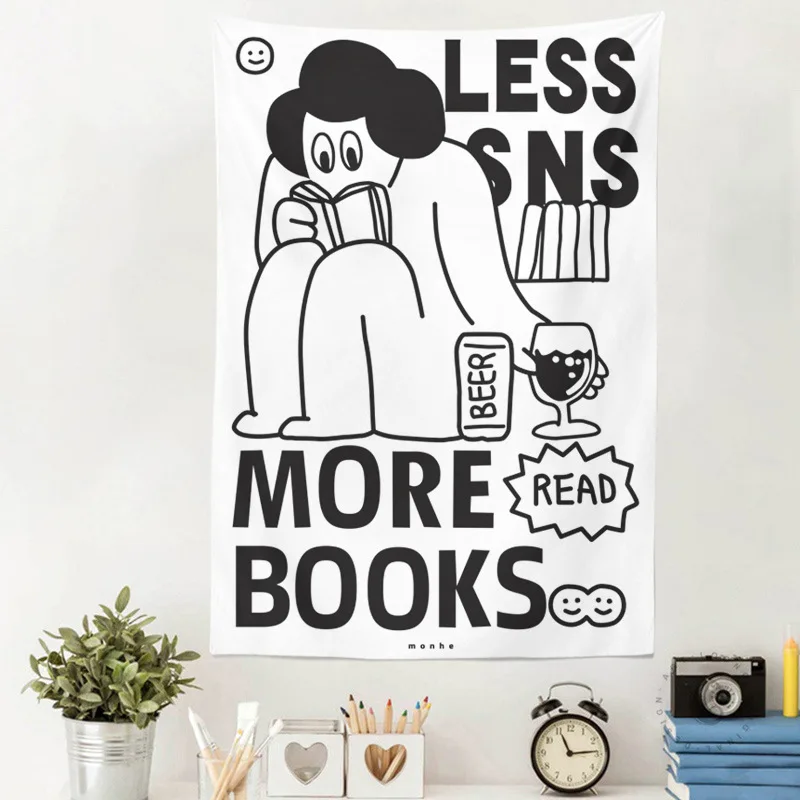VIKAMA Ins Black And White Minimalist Fun Illustration Tapestry, Laid-Back Style Bedroom And Living Room Background Fabric