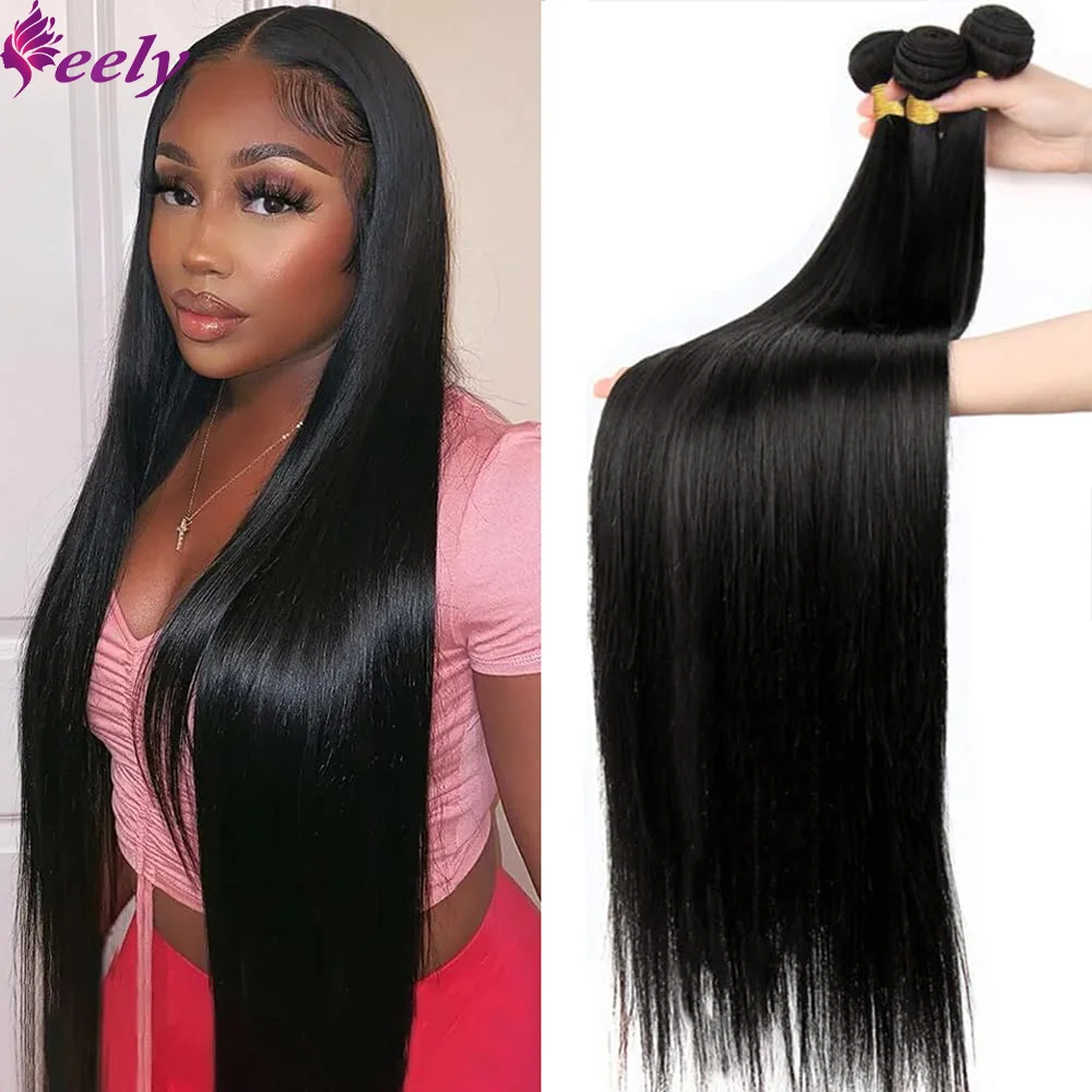 Mechones rectos brasileños virgen sin procesar 100% extensiones de cabello humano Color negro Natural extensiones de tejido de doble trama para mujeres