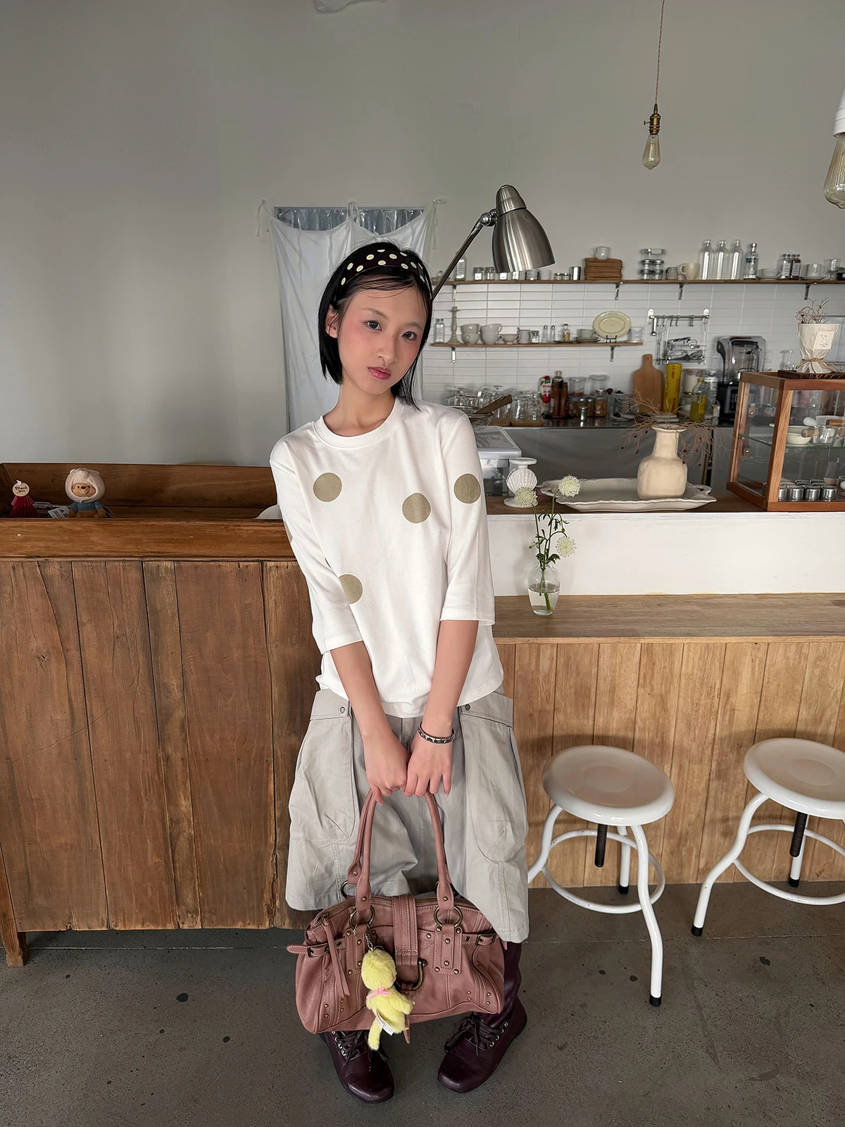 Y2K Korean Style Sakura T-Shirt Lazy Large Polka Dot Seven Sleeve Short round Neck Slimming Top for Young Girls Summer Fashion