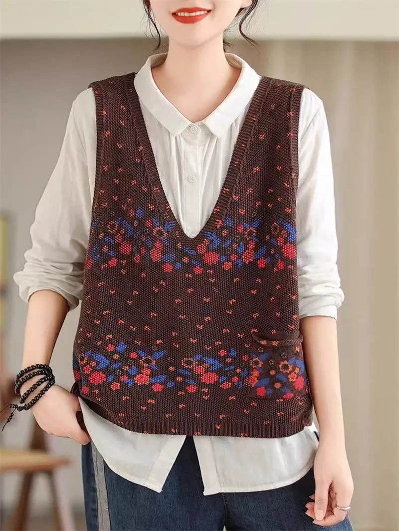 Ethnic Style V-Neck Knitted Sleeveless Vest Loose Short Jacket For Women 2024 Spring Summer Printed Sweater Waistcoat Tops K504