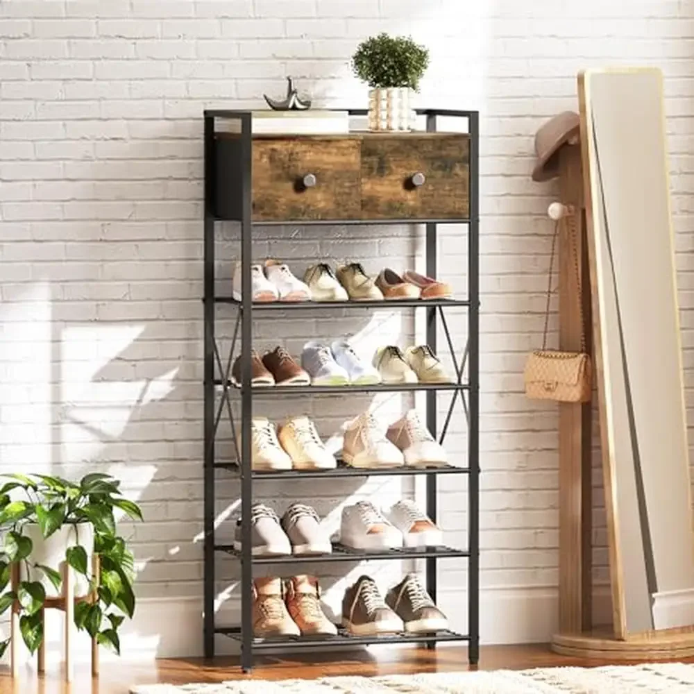 7-Layer Shoe Storage Organizer with 2 Drawers Metal Frame Shoe Rack Closet Hallway