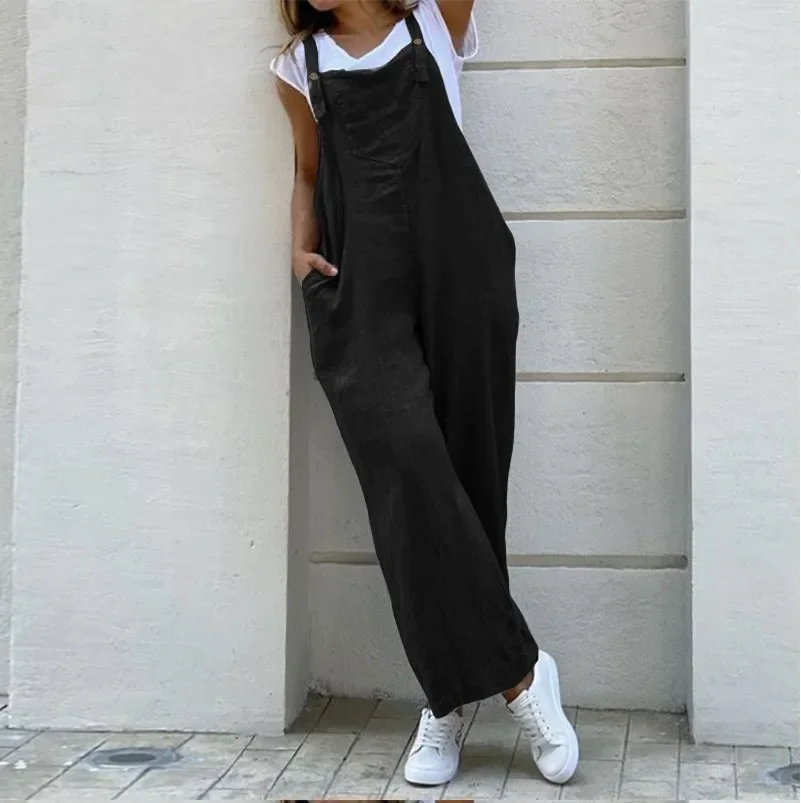 Women Summer Cotton Linen Playsuit Fashion Sleeveless Wide Leg Dungarees Solid Long Rompers Casual Comfortable Casual Jumpsuit