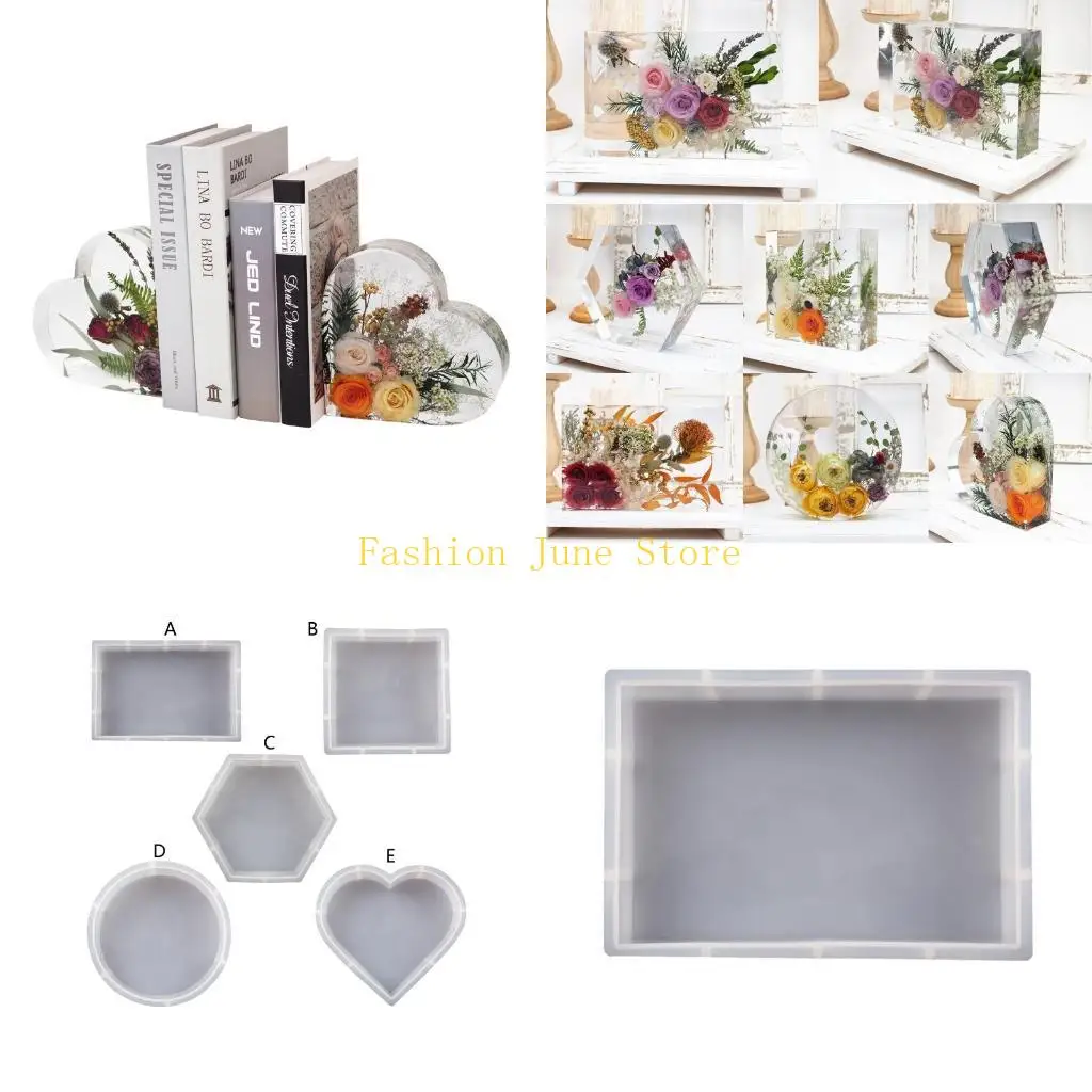 N5KA 3D Rectangle Square Hexagon Round Heart Bookend Silicone Molds Home Decor