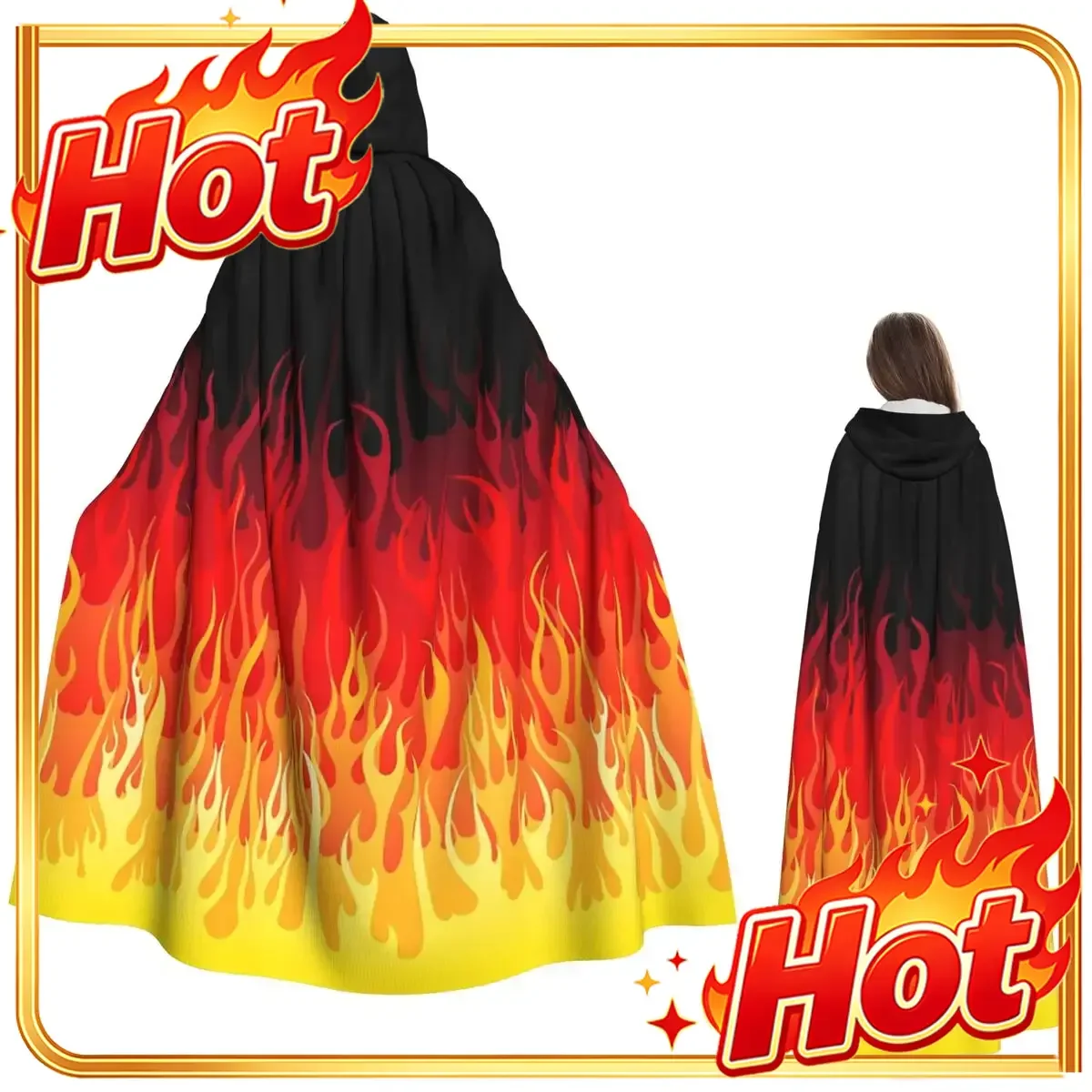 Red Hot Rod Flame On Edge Black Background Long Hooded Cloak Witch Medieval Costume Cosplay Cape HalloweenCoat Adult Unisex