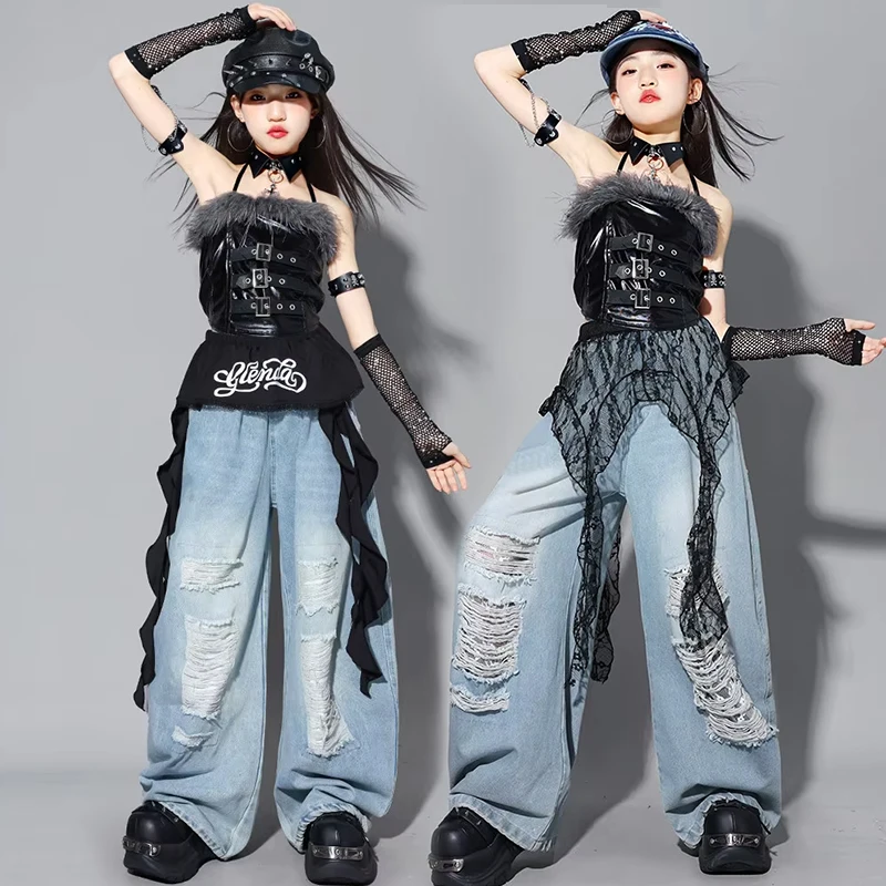 

2026 Jazz Dance Clothes Girl Performance Stage Outfit Kpop Dance Costume Black Crop Top Baggy Pants Children Steetwear AMY3817