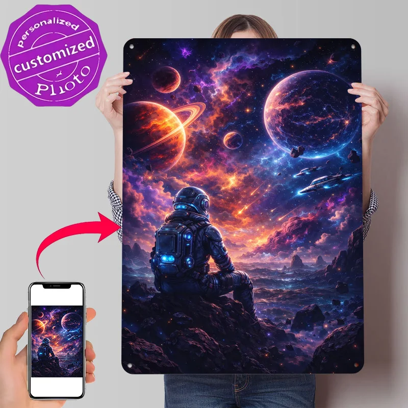 Astronaut Gazing At Cosmic Nebula and Planets Personalized 3D Textured Metal Poster Wall Art Tinplate Sign for Bathroom Decor