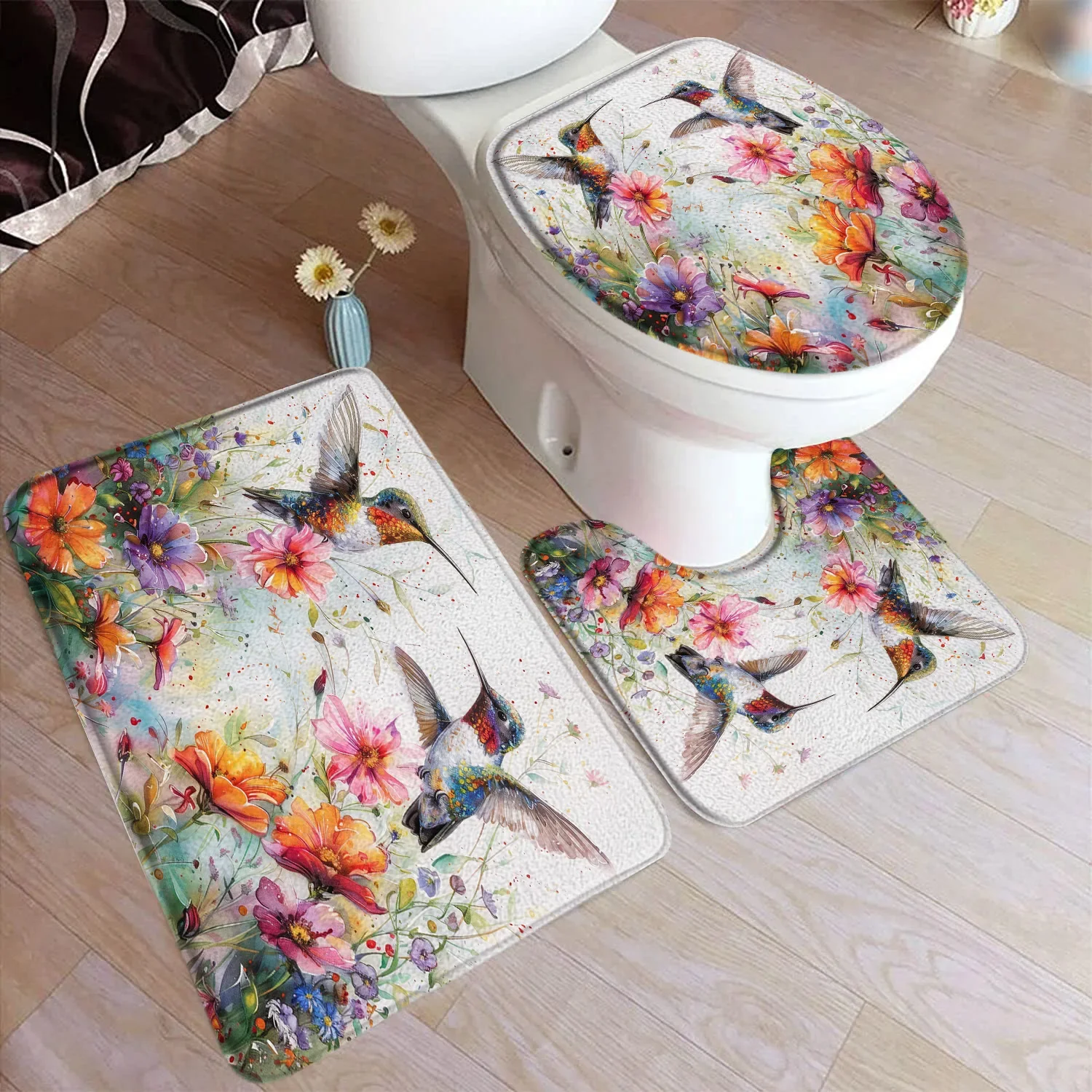 Hummingbird Bath Mat Set Purple Birds Floral Plants Modern Home Carpet Bathroom Decor Floor Rugs U-shaped Mats Toilet Lid Cover