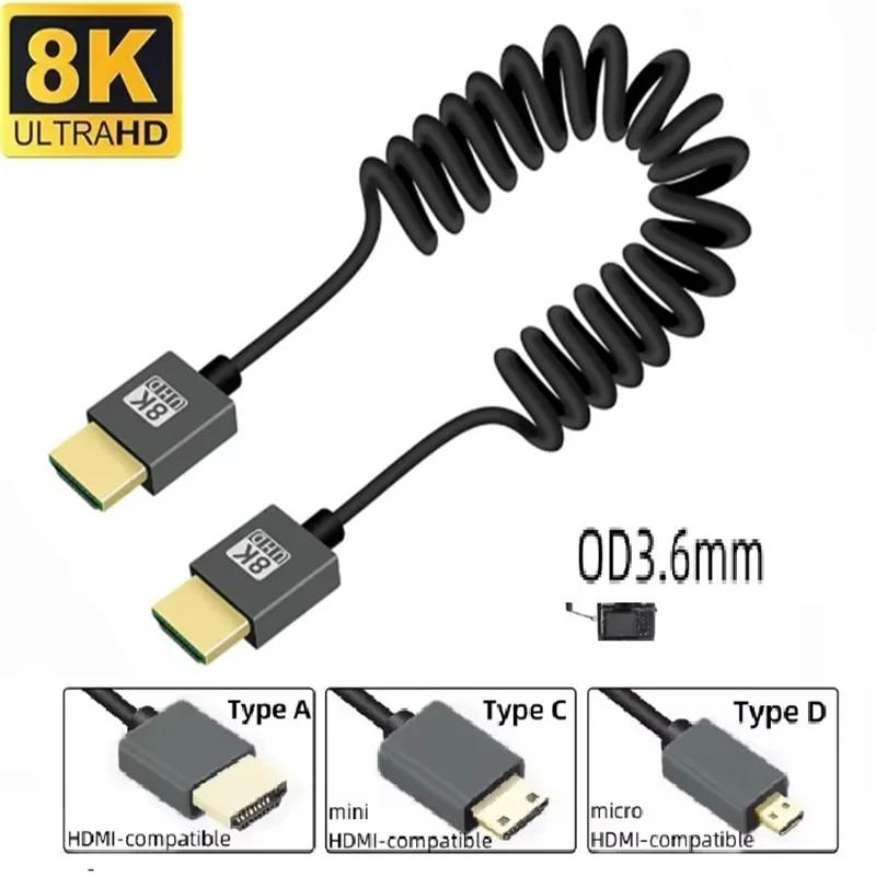 8K High Speed HDMI-compatible Mini/Micro HDMI-compatible Coiled Cord UHD Cable HD2.1 for PC Tablet DV Camera Monitor HDTV Cable
