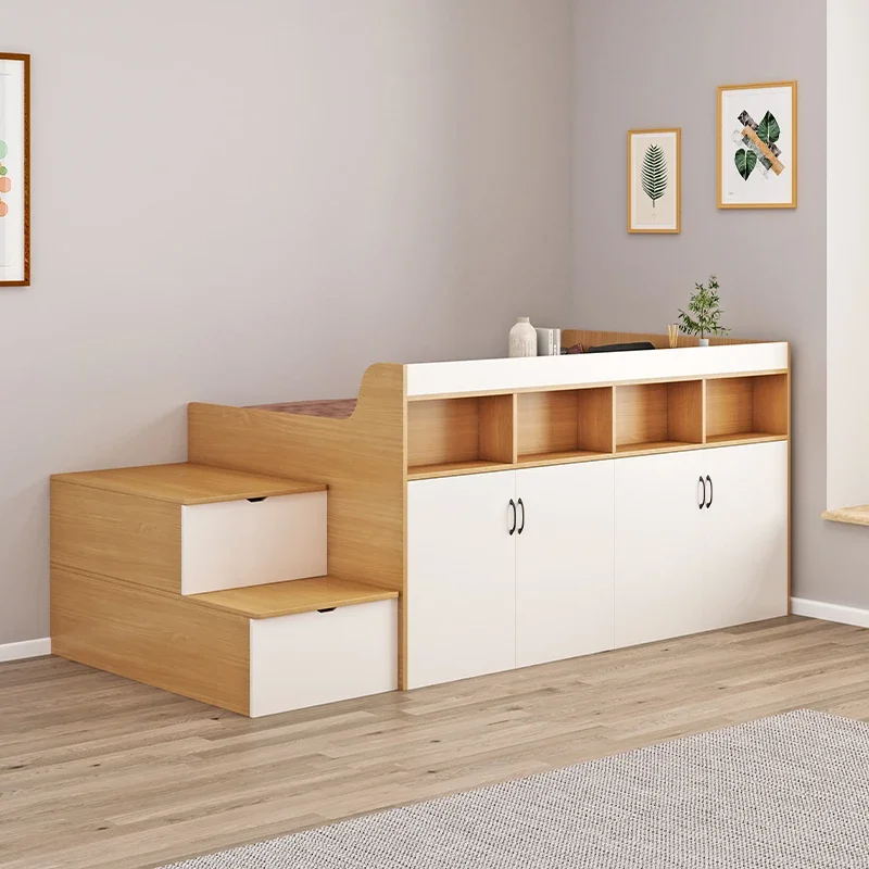 Customized small apartment tatami children's half-height bed wardrobe desk bookshelf integrated storage high box bed with pedals