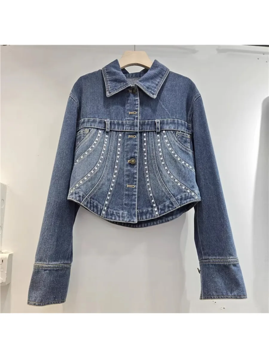 GALCAUR Blue Spliced Diamond Slimming Jacket Female Lapel Long Sleeve Basics Temperment Women's Jackets Style Fashion Clothing