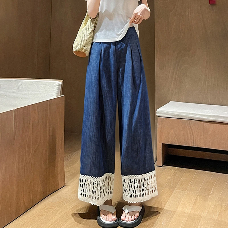 Pantaloni dritti a vita alta larghi estivi da donna con design con cuciture in pizzo cavo