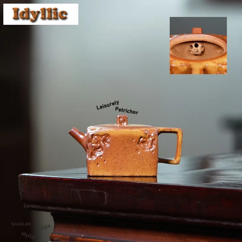 180ml Handmade Yixing Purple Clay Teapots Famous Artists Handmade Square Pot Raw Ore Section Mud Kettle Zisha Tea Set Tableware