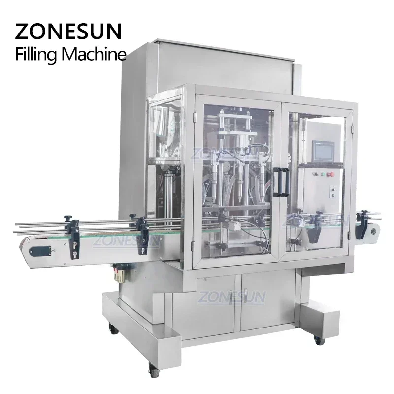 ZONESUN ZS-SV4G Máquina automática dosificadora de pasta, miel y crema con servomotor, llenadora de botellas de líquido y agua con cuatro boquillas
