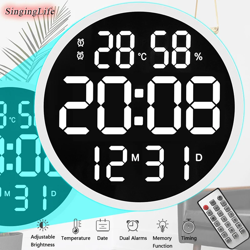 

12 Inch LED Large Clock LED Round Wall Clock Digital Temperature Humidity Calendar Smart Brightness Alarm Clock Home Decoration