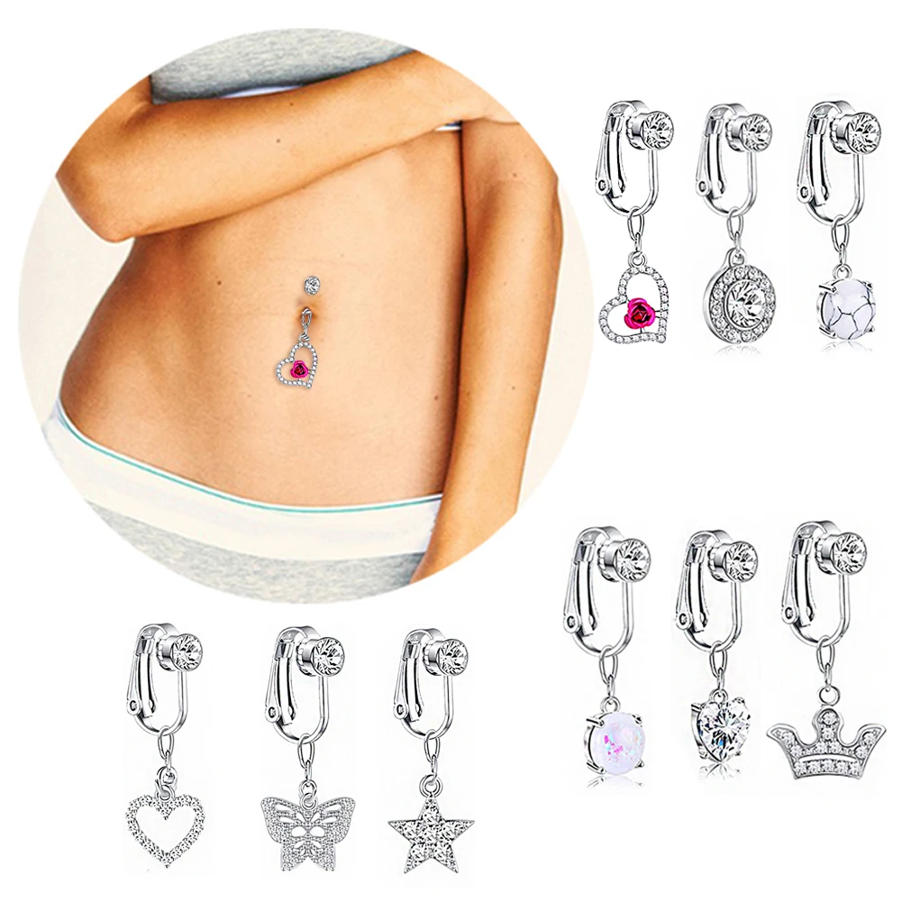 Falso Piercing Da Barriga Clip-On Umbigo Piercing Brinco Clip, Longo Dangling Da Barriga, Estrela Da Coroa, Coração, Brincos