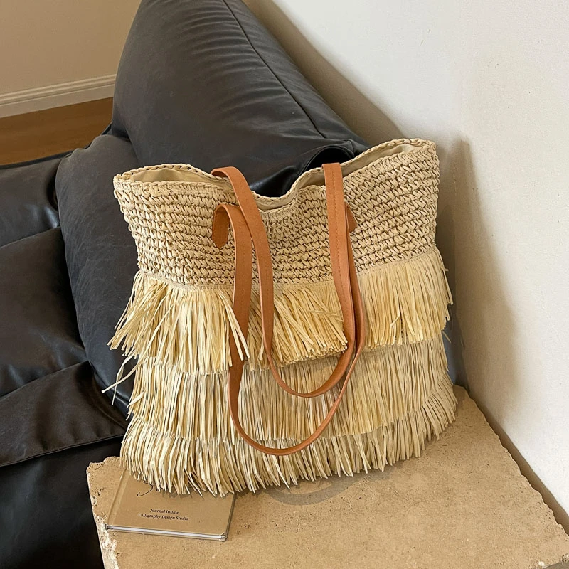 Tassel Casual Shoulder Bags Straw Braid Large Capacity Solid Tote Bags for Women 2024 Summer Hot Sale High Quality