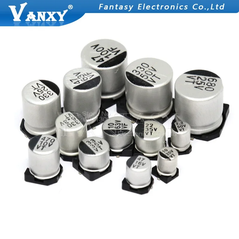 Condensador electrolítico de aluminio SMD, 10 Uds., 10V, 16V, 25V, 35V, 47UF, 50V, 100UF, 220UF, 470UF, 1000UF, 10UF, 22UF, 330UF, 2200UF, 150UF