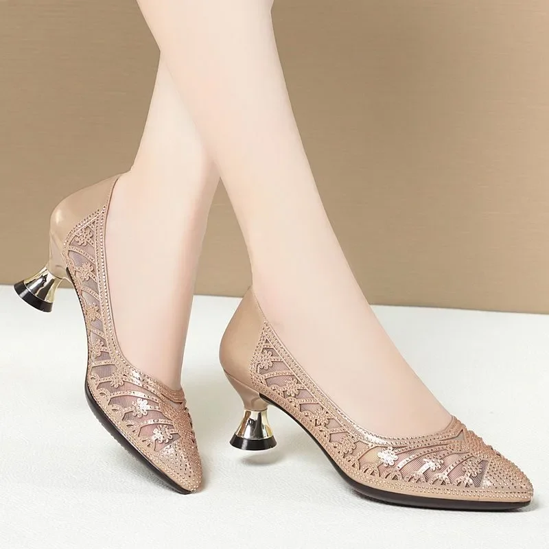 Zapatos de mujer, bonitos zapatos de tacón cuadrado dorados de malla de alta calidad, transpirables, sin cordones, zapatos de tacón alto, informales, bomba negra ga102