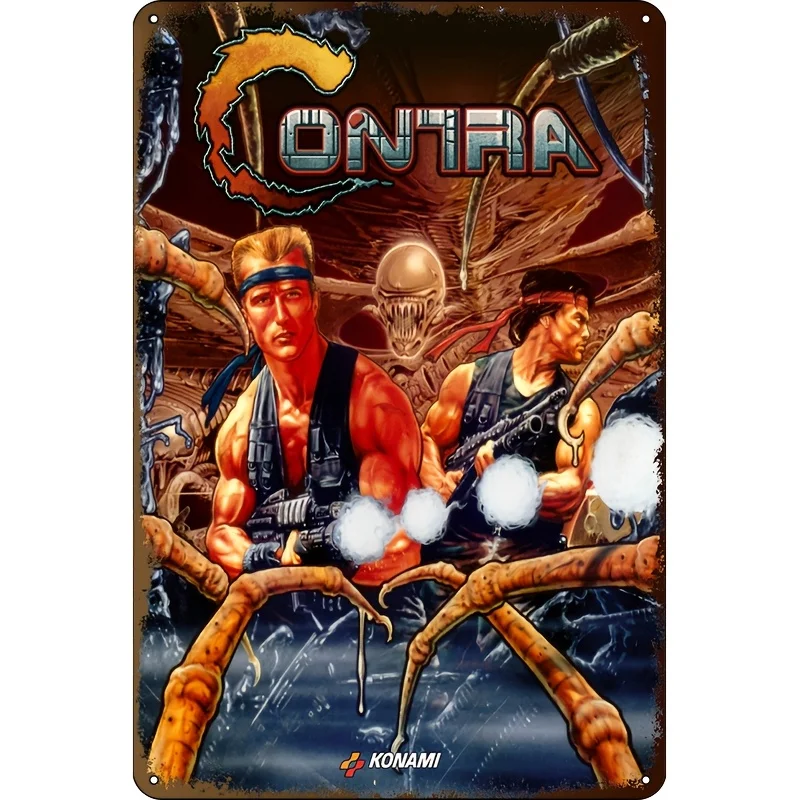 Konami Contra Metal Wall Art - Retro Arcade Game Tin Sign, Limited Edition Durable Iron, Vibrant Gaming Room Decor with Muscular