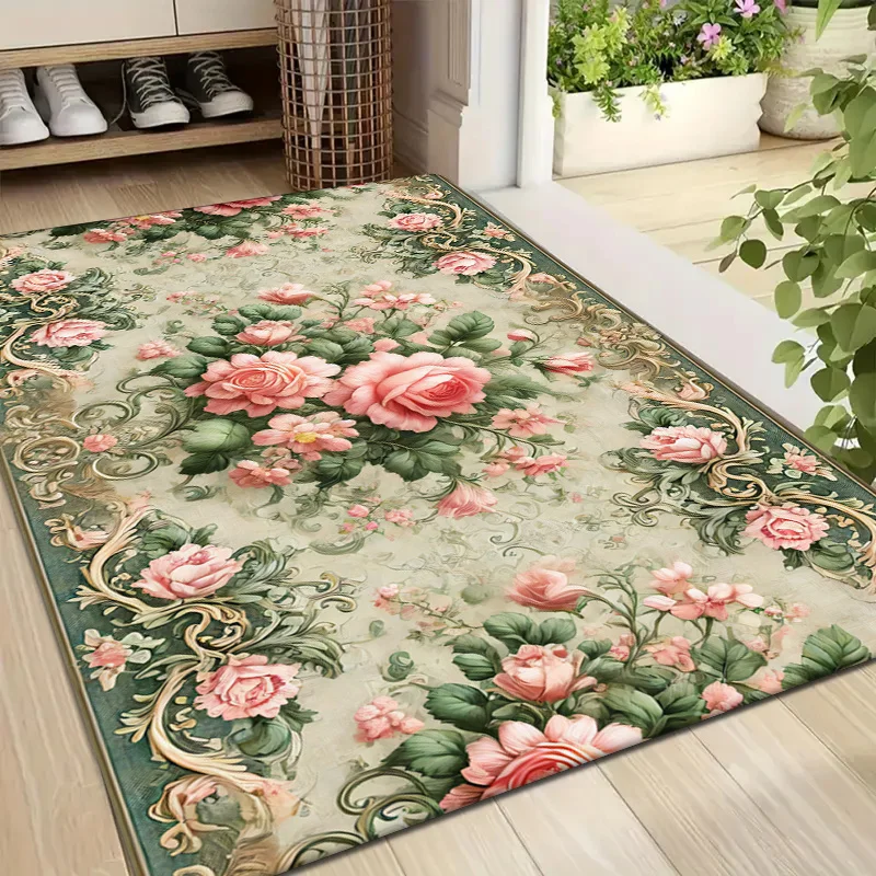 VIKAMA Flannel Christmas Doormat Non-Slip Soft Thick Rug Vintage Floral Washable Mat for Indoor Outdoor Holiday Decor
