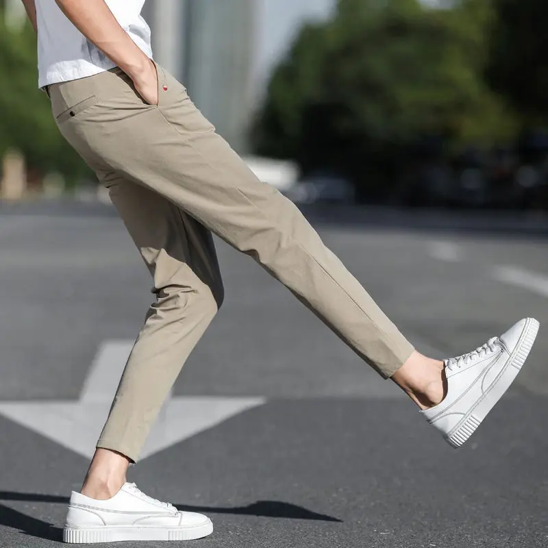 Male Suit Trousers Work Office Tight 9 Cropped Fashion 2024 Clothing Premium Men's Summer Pants Fabric Clothes Offer Wear