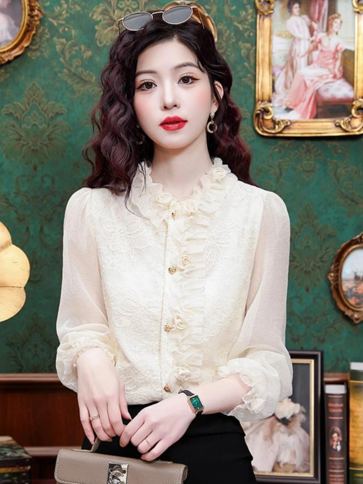 

Fenixuan Spring 2025 Women's Lace Trim Chiffon irt Korean Sle Straight Cut Long Sve Formal Sense Top Faion Sense