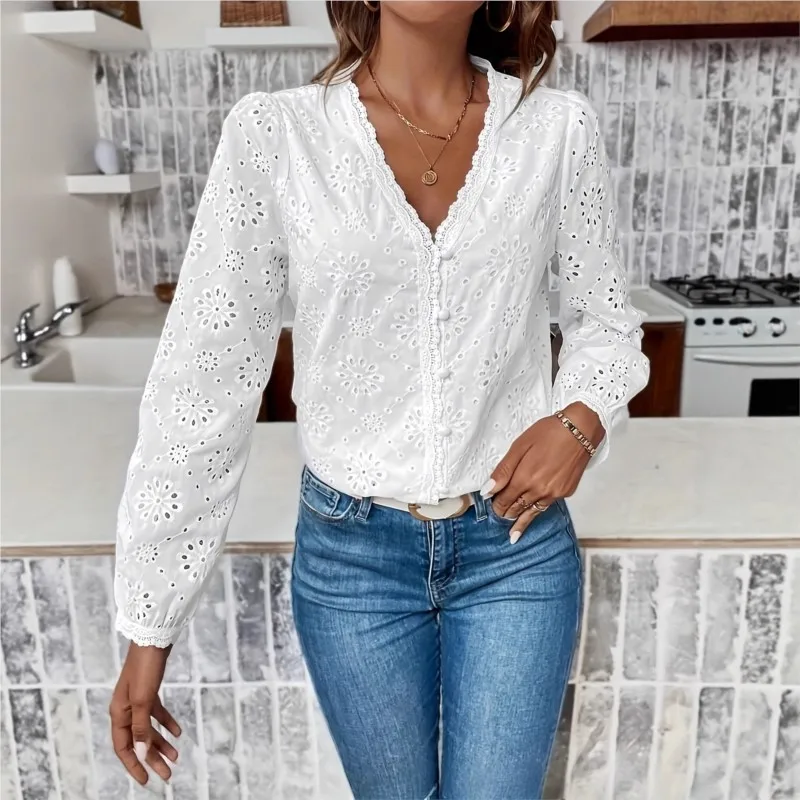 Spring Autumn Long Sleeve Women's Button Up Top 2026 New Shirts Casual V-neck Lace Shirt Women Elegant Office White Blouse Tops