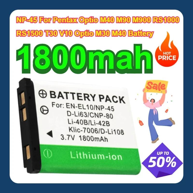 

1800mah NP-45 2PCS For Pentax Optio M40 M90 M900 RS1000 RS1500 T30 V10 Optio M30 M40 Battery